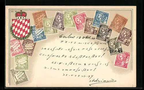Präge-AK Monaco, Briefmarken und Wappen mit Krone