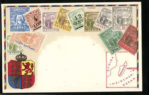 Präge-AK Mauritius, Briefmarken und Wappen, Landkarte