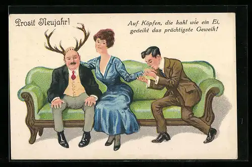 AK Dame und Kahlkopf mit Hirschgeweih