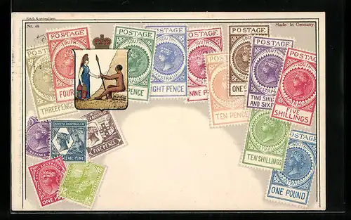 AK Süd-Australien, Briefmarken und Wappenbild mit Krone