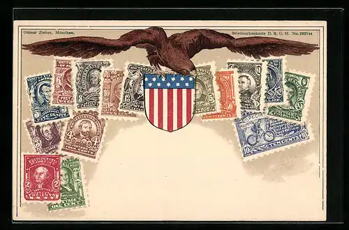 Lithographie USA, Briefmarken, Adler mit Wappen