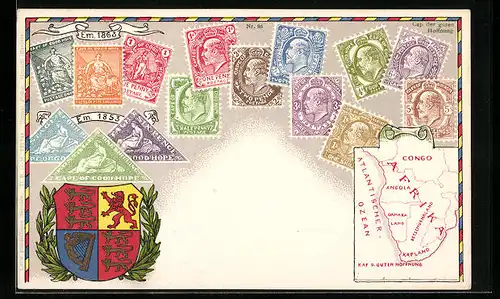 AK Kap der Guten Hoffnung, Briefmarken und Wappen, Landkarte