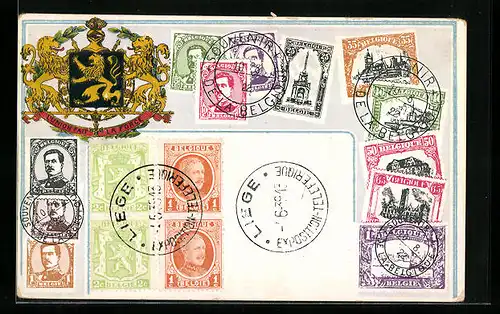 AK Belgien, Briefmarken und Wappen mit Krone