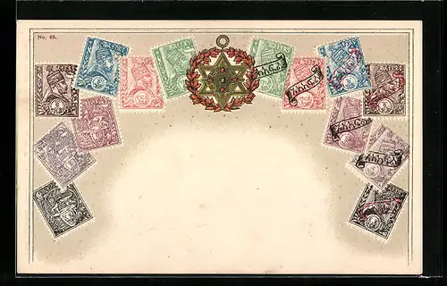 Präge-Lithographie Äthiopien, Briefmarken und Wappenzeichen