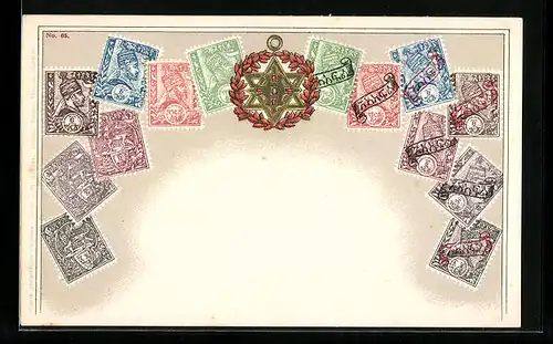 Präge-Lithographie Äthiopien, Briefmarken und Wappenzeichen mit Stern