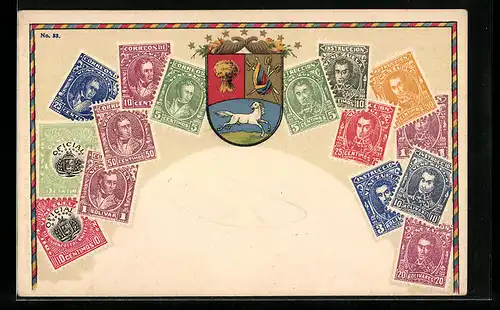 Lithographie Venezuela, Briefmarken und Wappen mit Füllhörnern