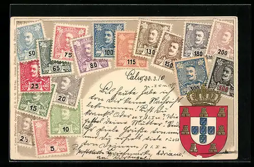 Präge-Lithographie Portugal, Briefmarken und Wappen mit Krone