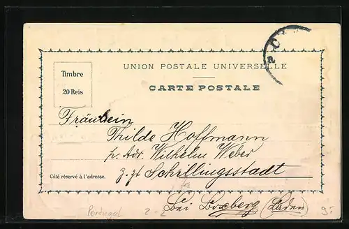 Präge-Lithographie Portugal, Briefmarken und Wappen mit Krone