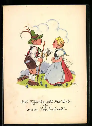 Künstler-AK Liesel Lauterborn: Knabe schenkt Mädchen einen Blumenstrauss