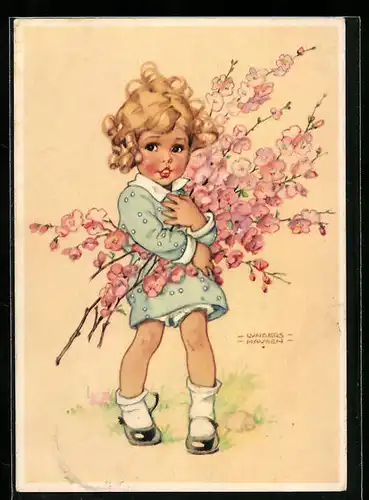 Künstler-AK Ilse Wende-Lungershausen: Mädchen mit blühenden Zweigen in den Armen