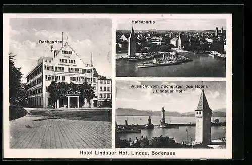 AK Lindau /Bodensee, Hafenpartie, Hotel Lindauer Hof J. J. Stoffel-Beckmann, Aussicht vom Dachgarten