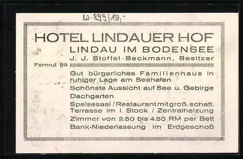 AK Lindau /Bodensee, Hafenpartie, Hotel Lindauer Hof J. J. Stoffel-Beckmann, Aussicht vom Dachgarten