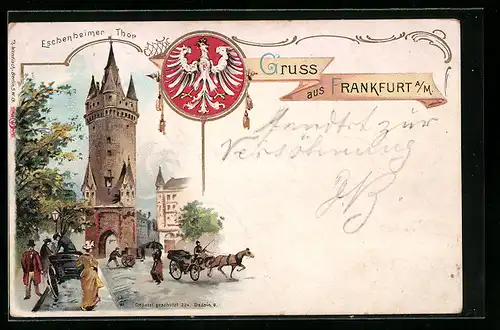 Lithographie Frankfurt a. M., Partie am Eschenheimer Tor, Wappen