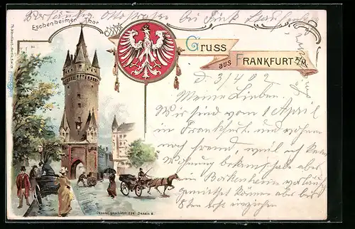 Lithographie Frankfurt a. M., Eschenheimer Tor mit Spaziergängern, Wappen