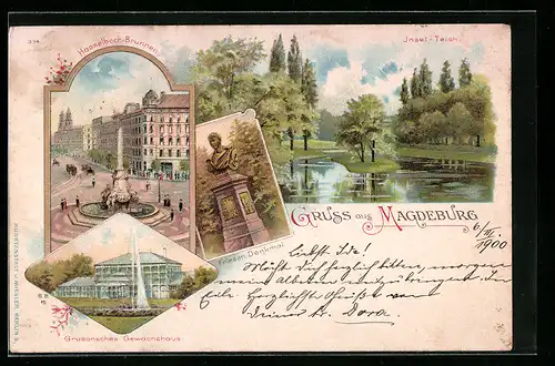 Lithographie Magdeburg, Hasselbach-Brunnen, Grusonsches Gewächshaus, Insel-Teich