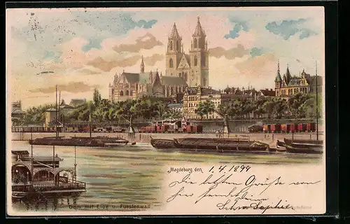 Lithographie Magdeburg, Dom mit Elbe und Fürstenwall