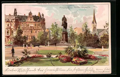 Lithographie Magdeburg, Wilhelmsplatz mit Kirche