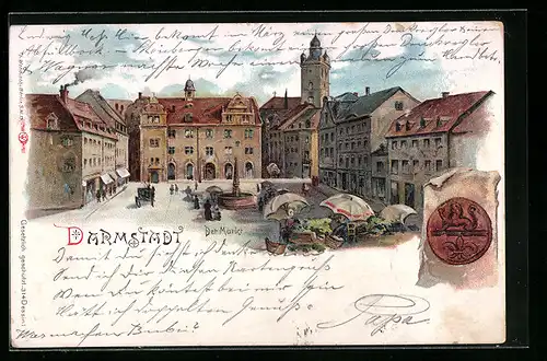 Lithographie Darmstadt, Markt mit Marktständen, Siegel