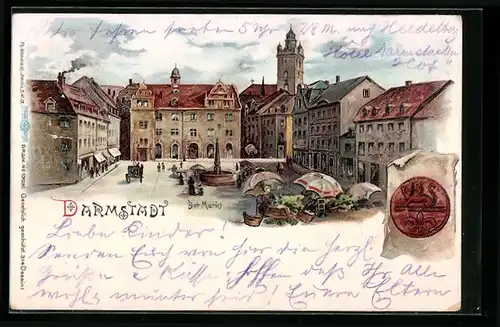 Lithographie Darmstadt, Markt mit Marktbetrieb von oben, Siegel