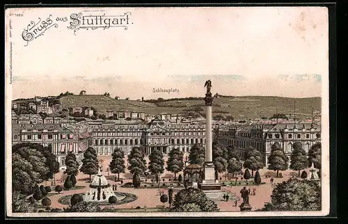 Lithographie Stuttgart, Teilansicht mit Schloss und Schlossplatz