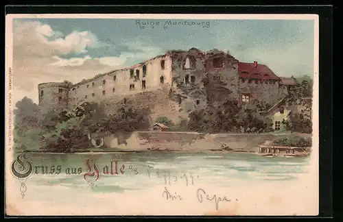 Lithographie Halle a. S., Ruine Moritzburg, vom Wasser gesehen