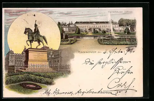 Lithographie Hannover, Herrenhauser Schloss, Ernst August-Denkmal