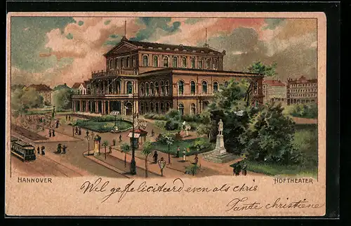 Lithographie Hannover, Hoftheater mit Anlagen und Strasse aus der Vogelschau