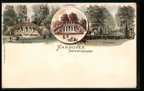 Lithographie Hannover-Herrenhausen, Theater, Cascaden und Grotte