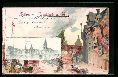 Passepartout-Lithographie Frankfurt a. M., Stadtpanorama, Ortspartie mit Brücke