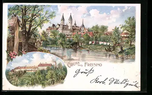 Lithographie Freising, Flusspartie mit Ortsansicht, Weihenstefan