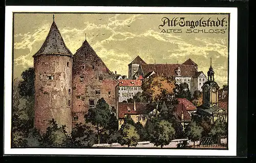 Künstler-AK Ingolstadt, Ortsansicht mit Altem Schloss
