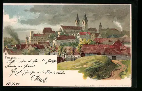 Lithographie Freising, Teilansicht aus der Vogelschau