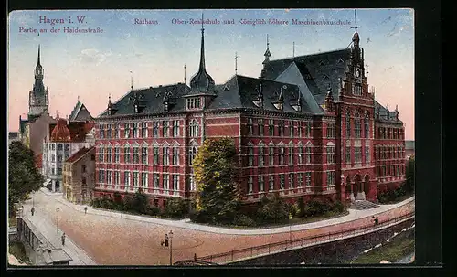 AK Hagen i. W., Partie an der Haidenstrasse, Rathaus, Oberrealschule und Königlich höhere Maschinenbauschule