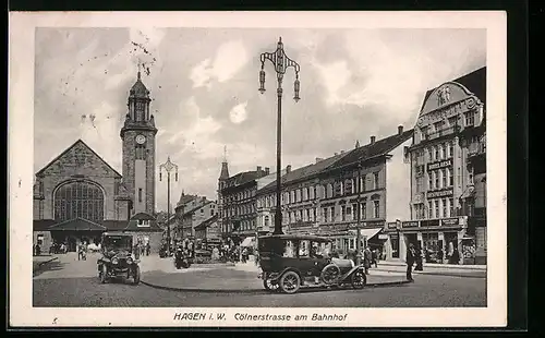 AK Hagen i. W., Kölnerstrasse am Bahnhof mit Hotel Resa und Geschäften