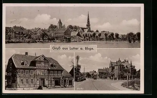 AK Lutter a. Bbge., Geschäftshaus Hermes, Markt, Panorama des Ortes