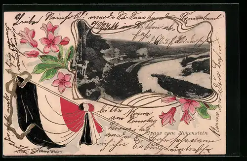 Präge-AK Hohenstein, Flusspartie aus der Vogelschau, Fahne, Blüten