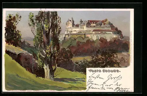 Lithographie Coburg, Die Veste im herbstlichen Sonnenschein