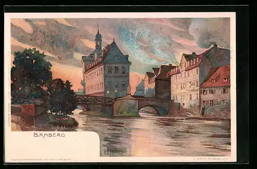 Lithographie Bamberg, Brückenpartie mit Rathaus