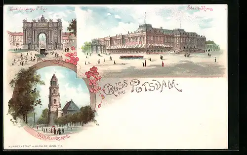 Lithographie Potsdam, Stadtschloss, Brandenburger Thor