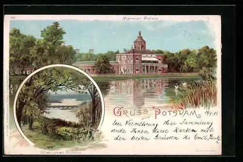 Lithographie Potsdam, Glienicker Brücke und Marmor Palais
