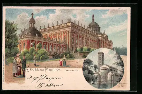 Lithographie Potsdam, Neues Palais und Friedenskirche