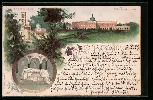 Lithographie Potsdam, Friedenskirche, Neues Palais, Mausoleum Kaiser Friedrich III.