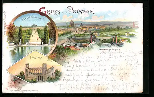 Lithographie Potsdam, Panorama aus der Vogelschau, Sanssouci, Pfingstberg