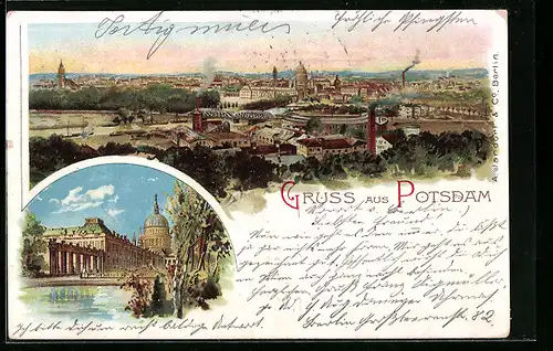 Lithographie Potsdam, Ortsansicht aus der Vogelschau, Ortspartie