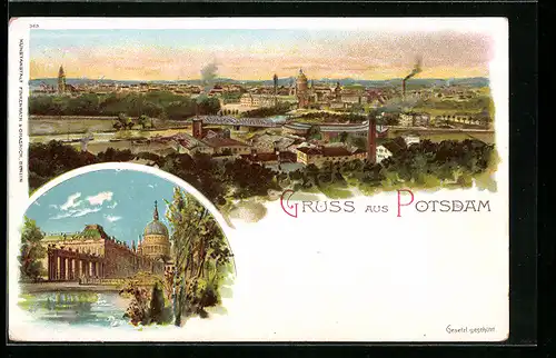 Lithographie Potsdam, Ortsansicht von oben, Ortspartie