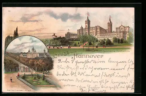 Lithographie Hannover, Technische Hochschule und Herrenhauser Allee mit Anlage