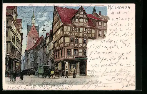 Lithographie Hannover, Kramerstrasse und Marktkirche