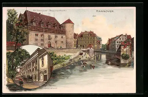 Lithographie Hannover, Ortspartie mit Beguinenthurm, Arbeiter-Vereinshaus