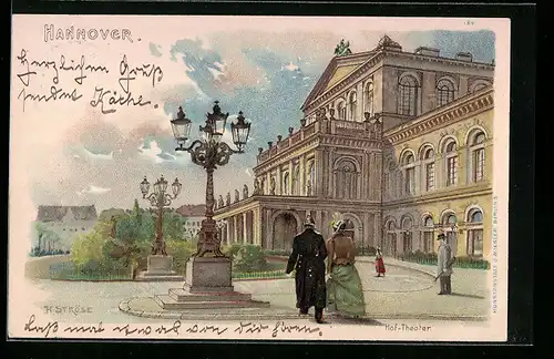 Lithographie Hannover, Elegante Passanten vor dem Hof-Theater