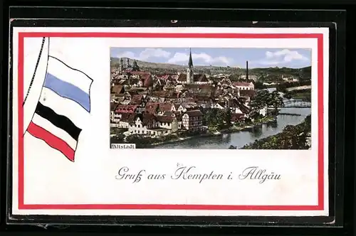 Passepartout-AK Kempten /Allg., Altstadt aus der Vogelschau, Fahnen